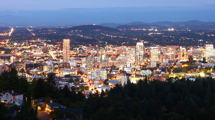 Aerial night view of Portland, Oregon city center