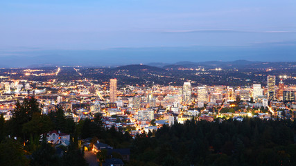 Aerial night view of Portland, Oregon downtown