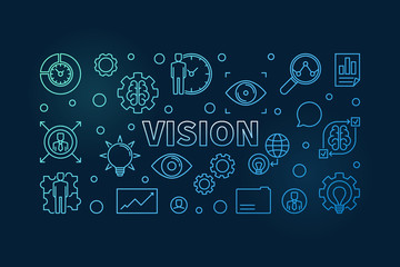 Vision horizontal blue outline banner. Vector business concept illustration in thin line style on dark background