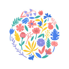 Set of floral elements gathered in circle. Cute floral composition. Colorful floral collection with flowers and leaves.