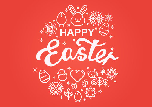 Happy Easter greeting card with icon rabbit, bunny and text