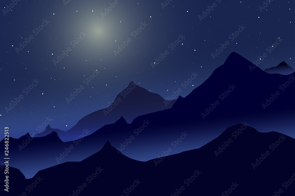 Wall mural night mountains landscape with starry and soft moon light,vector