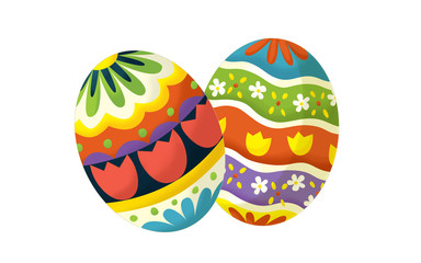 cartoon happy easter scene with colorful easter eggs set on white background - illustration for children
