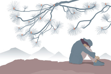 sad woman sit on cliff view with japanese pine brance and mountain lanscape