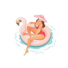 Summer time. Happy vacation. Sexy young woman in swimsuit swimming on pink inflatable flamingo. Vector illustration.