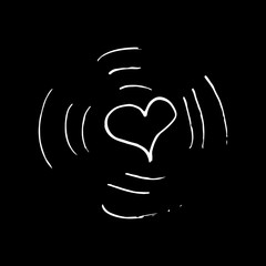 Cute cartoon hand drawn heart drawing. Sweet vector black and white heart drawing. Isolated monochrome doodle heart drawing on black background.