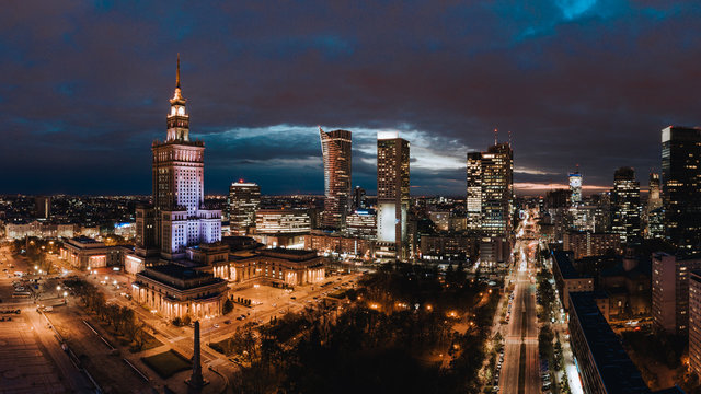 A panorama of Warsaw downtown at night.