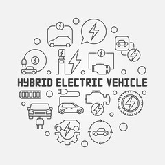 Hybrid Electric Vehicle round vector illustration in outline style