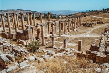 the architecture of the Roman Ruins of Jerash in the north of Amann in Jordan in the middle east....