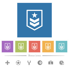 Military rank flat white icons in square backgrounds