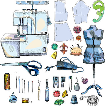 Hand Drawn Sketch Sewing Set. Color vector illustration.