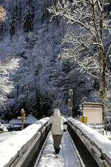 Passerelle au-dessus du torrent du Bonnant. Parc thermal de Saint-Gervais-les-Bains/Le Fayet. /...