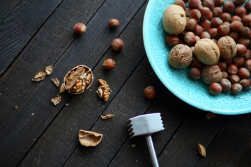 walnuts and hazelnuts on dark wooden background