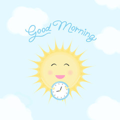 Vector illustration with smiling sun, alarm clock and text Good Morning on blue background with white clouds. Typography motivation card, template for poster, decoration design, web banner, flyer.