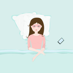 Vector illustration with sleeping woman in mask lying on bed at night in flat cartoon style. Good night, healthy sleep or problem with insomnia concept.