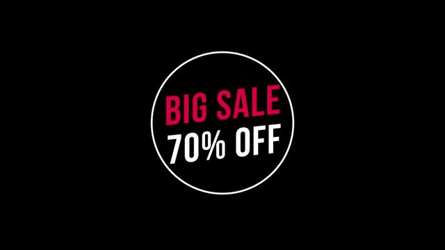 Big Sale 70% Off Text Animation, with Black, Green and Transparent Background. Motion Graphics with Alpha Channel. Just Drop It into Your Project.