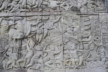 détail des sculptures des murs d'un temple d'Angkor au Cambodge