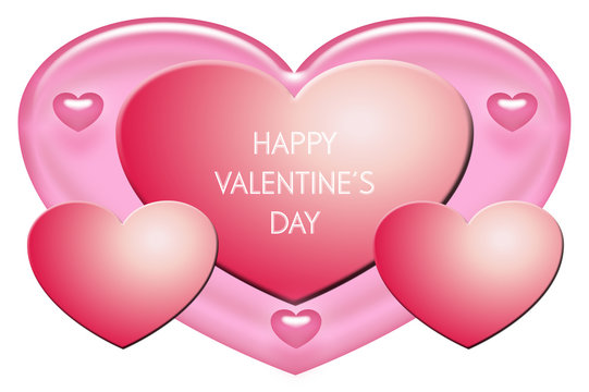 Beautiful illustration with red and pink hearts. White background. Horizontal image. Copy space. With text: "HAPPY VALENTINE'S DAY".