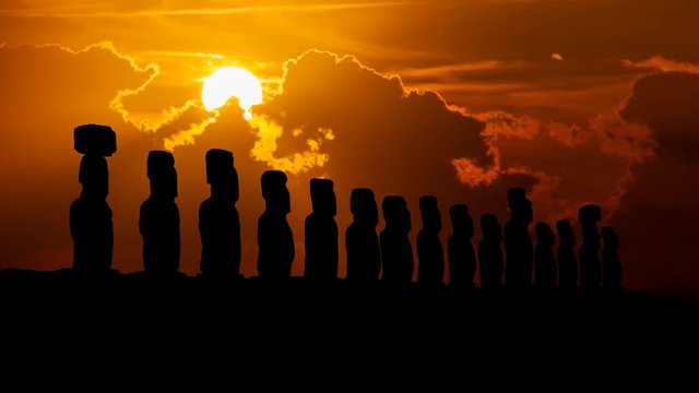 Moai, the Ancient and Mysterious Sculpture at Sunset, Time Lapse with Red Sun and Clouds, Easter island, Polynesia, Chile