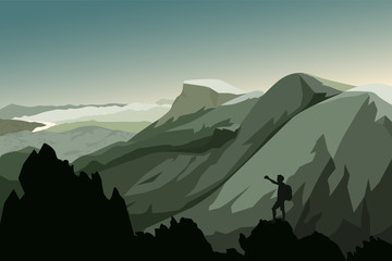 Fototapeta na wymiar backpacker standing and selfie on top of mountain,vector