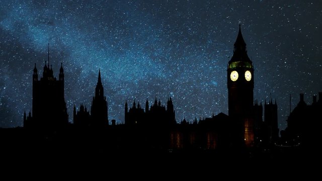 London: Iconic Clock Tower " Big Ben" by Night  in Time Lapse with Stars and Milky Way in Background, England, UK