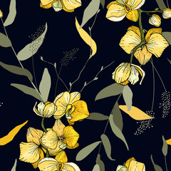 Naadloze vectorillustratie voor mode, stof. Sjaal afdrukken. Boheemse bloemenpatroon orchidee, bloemen handgetekende mix.