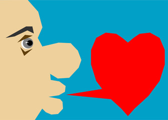 half of the face. mouth open. Kind and full. speech bubble in the shape of a heart.
