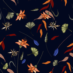 Set of seamless floral ornament for fashion design, fabric print, wallpaper, background, web, textile in vector.