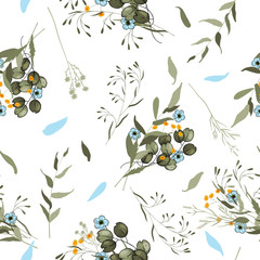 Modern botanical background. Wallpaper. Hand drawn. Vector illustration. Folk flowers. Seamless floral pattern with wild flowers and tropic leaves.