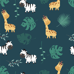 Obraz na płótnie Canvas Hand drawn seamless pattern with giraffe,zebra,leaf