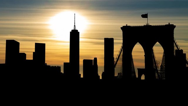 New York: Famous Skyline of Downtown from Brooklin Bridge at Sunset, Manhattan, New York City, USA