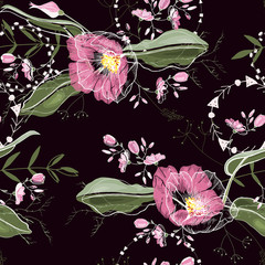 Vintage background. Wallpaper.  Hand drawn. Vector illustration. Trendy floral pattern. Isolated seamless pattern.