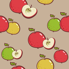 Fresh apples background, hand drawn icons. Colorful wallpaper vector. Seamless pattern with fresh fruits collection. wallpapers, pattern fills, print, surface textures. wrapping paper, textiles