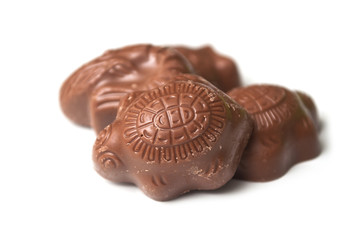 Closeup of milk chocolate in shaped of animals on white background