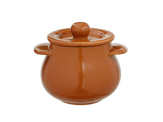 clay, ceramic pot with a cover isolated on a white background