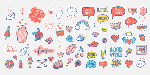 Vector hand drawn fashion elements for wedding, Valentine's Day, love prints background. Labels, speech bubble, heart, arraw, wings, flowers set