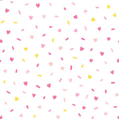 Hand drawn cute pink hearts confetti abstract seamless pattern. Rustic, boho simple colorful background. Cartoon illustration