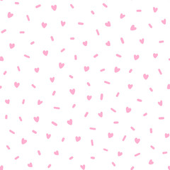Hand drawn cute pink hearts confetti abstract seamless pattern. Rustic, boho simple colorful background. Cartoon illustration