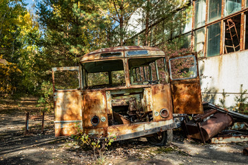 abandoned radioactive bus that participated in the liquidation of the accident.