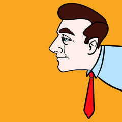 Hand-Drawn Vector Illustration of a Business Man with Big Nose and Red Grave Looking Curiously into the Picture from the Right Side. Isolated vector artwork. Brown hair, blue shirt. hello background.