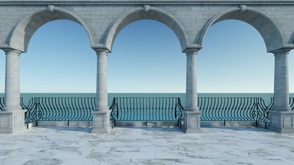 Roman 3D render sea view anceint style classic balcony luxury terrace