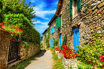 Fototapeta premium Beautiful colorful medieval alley in Yvoire town in France 