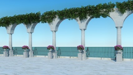 Roman 3D render sea view anceint style classic balcony luxury terrace