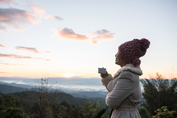 Woman wake up relax in morning on th mountain