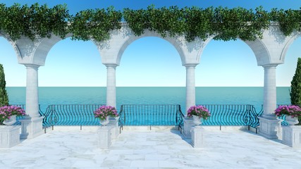 Roman 3D render sea view anceint style classic balcony luxury terrace