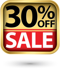 30% off sale golden label with red ribbon,vector illustration