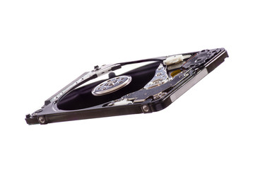 Opened disassembled hard drive from the computer, hdd with mirror effect. Isolated on white...