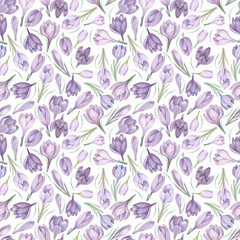 Spring saffron on white watercolor seamless pattern. Violet flowers hand painted watercolor seamless background.