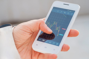 Close up finger hand of a trader touching smartphone screen with trading interface dashboard with candlestick chart in mobile trading forex or stock application