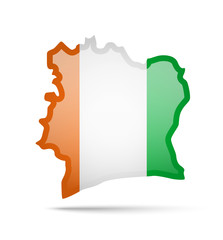 Cote dIvoire flag and outline of the country on a white background.